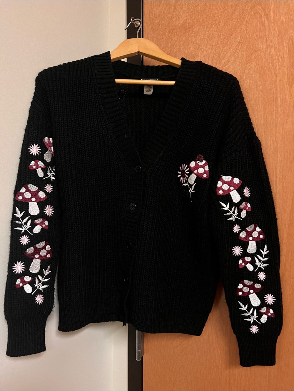 Hot Topic Black Cardigan with Burgundy & White Mushroom Embroidery
